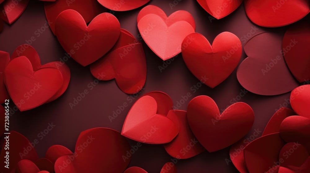 Poster a collection of red paper hearts arranged on a black background. perfect for valentine's day or expr