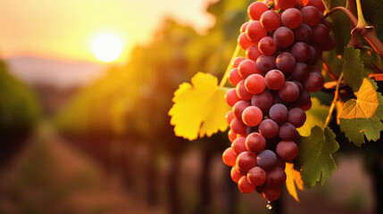 Ripe red grapes on vineyard at sunset, closeup view