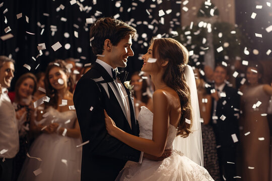First wedding dance of newlywed couple in restaurant.