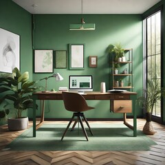 an AI-generated visual representation of a contemporary home office with green color scheme, incorporating elements of retro style  ar 3:2