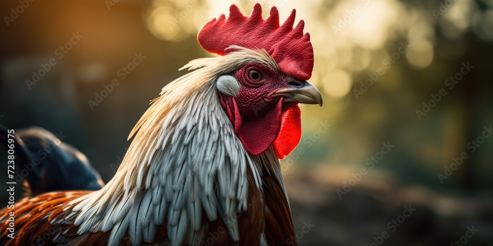 Poster a detailed close-up image of a rooster featuring a vibrant red comb. this picture can be used for va