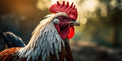 A detailed close-up image of a rooster featuring a vibrant red comb. This picture can be used for various projects and designs