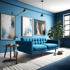 an AI image of a loft and vintage-inspired living room featuring a blue sofa set against a white flooring and a blue wall