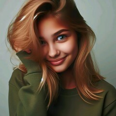 Jeune femme charmante avec un sourire timide, brune avec un pull vert foncé. - obrazy, fototapety, plakaty
