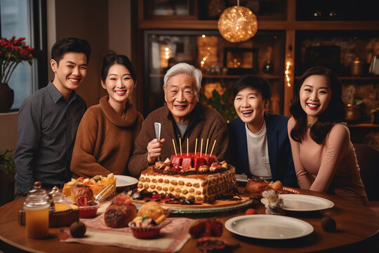 Happy Three Generation Asian Family Celebrating Grandpa's Birthday At Home.