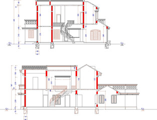 Sketch vector illustration design technical drawing detailed construction section of an old classic vintage colonial house