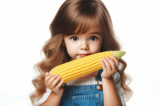little girl eating corn isolated on white background. ai generative