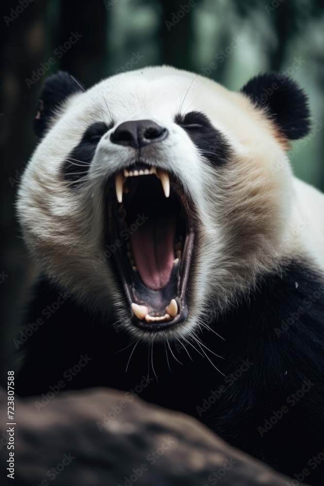 Poster A close-up shot of a panda bear with its mouth open. This image can be used to depict the unique facial features and expressions of pandas.