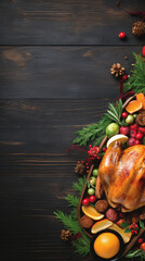 Roasted turkey with Christmas decoration on wooden background. Top view with copy space