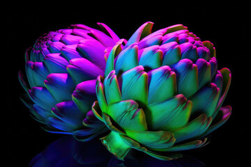 Obraz premium Neon color artichoke vegetable, black isolated background