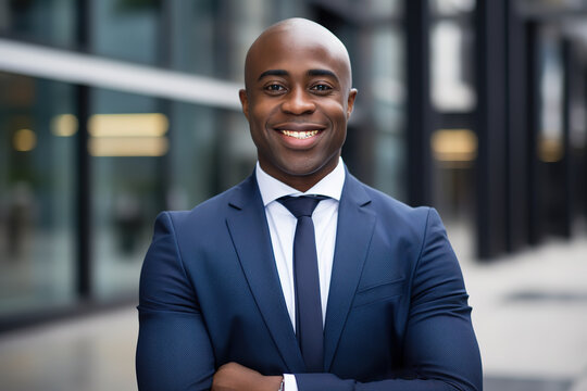 Portrait of confident African American businessman standing with arms crossed in front of company building.
