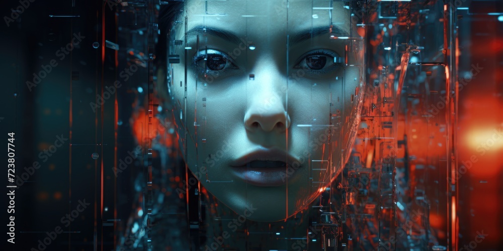 Aufkleber Close up of a woman's face with red lights in the background. Versatile image for various uses