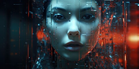 Close up of a woman's face with red lights in the background. Versatile image for various uses