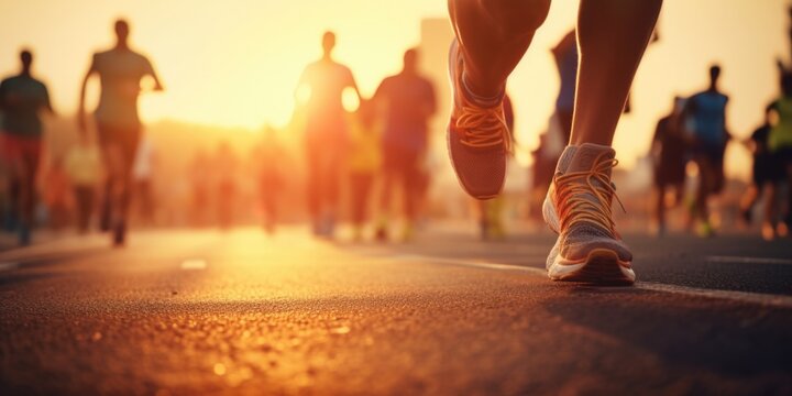 A group of people running in a marathon. Suitable for sports events and fitness-related content
