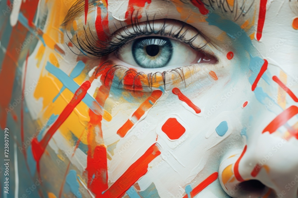 Poster A close-up image of a woman's face with vibrant paint applied. This unique and artistic image can be used for various purposes