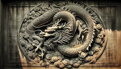 Traditional Chinese-style dragon bas-relief. The dragon, with intricate scales and sharp claws, coils dynamically around an ancient temple wall. 