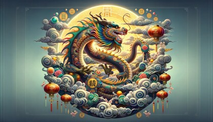 Obraz premium Year of the Dragon in the Chinese zodiac. A majestic, colorful dragon, adorned with intricate patterns and auspicious symbols, spirals through clouds against a stylized sun