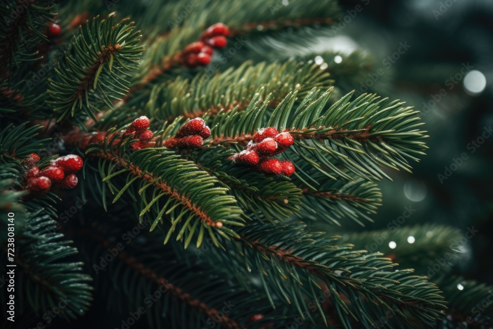 Poster a detailed view of a pine tree with vibrant red berries. perfect for nature enthusiasts and holiday-