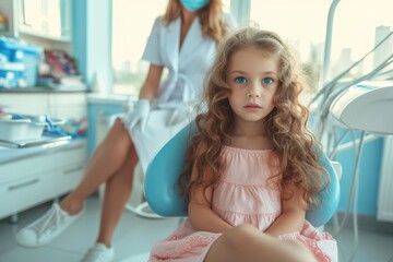 Little girl with curly hair sitting in a dental chair looking at the camera with a worried expression while a female dentist wearing a mask and gloves looks on in the background