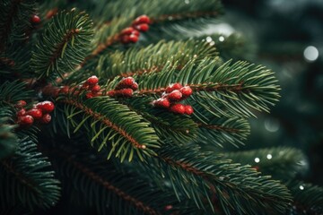 A detailed view of a pine tree with vibrant red berries. Perfect for nature enthusiasts and holiday-themed designs