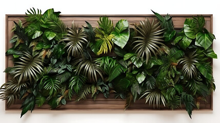 tropical plants outgoing of raw wood frame, innovative wall isolated background