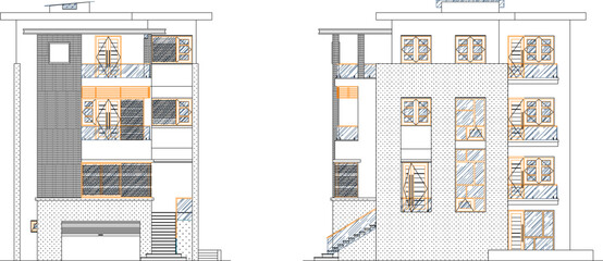 Sketch vector illustration of technical drawings for modern minimalist house designs in big cities