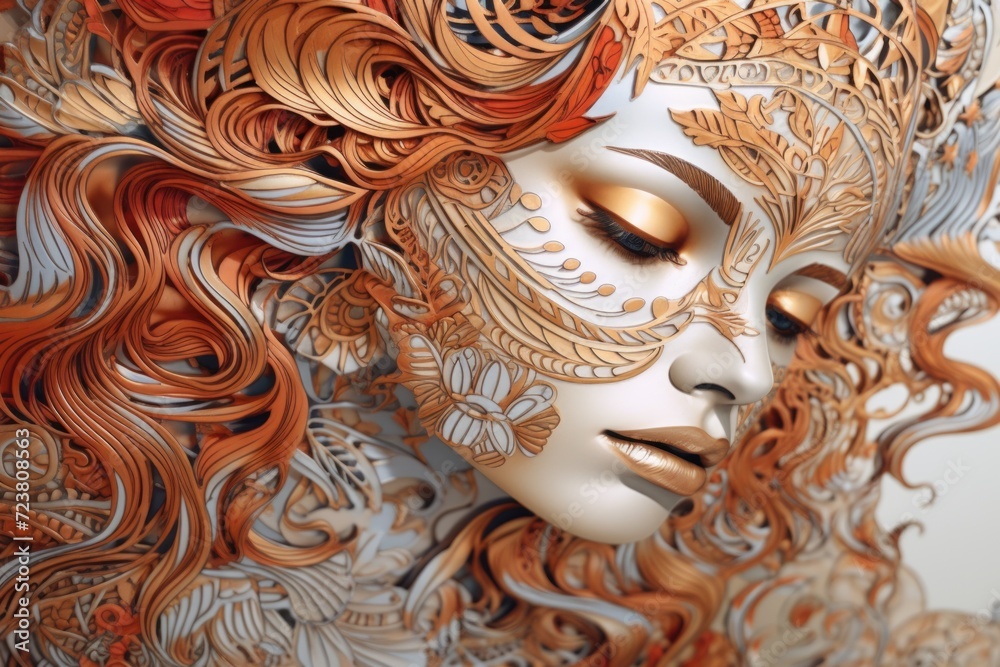 Poster A close-up view of a sculpture depicting the face of a woman. Perfect for adding an artistic touch to any project