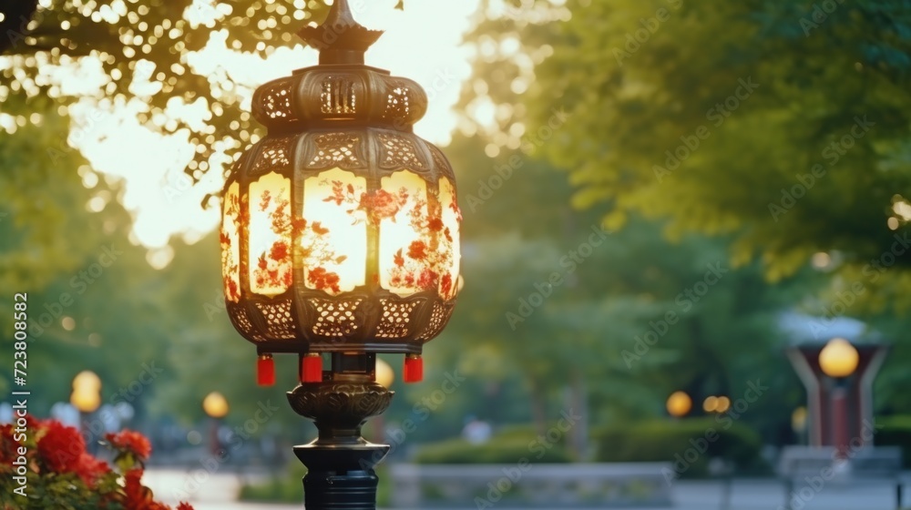 Aufkleber A lit candle sits atop a traditional lamp post, providing a warm and inviting glow. Perfect for creating a cozy atmosphere or adding a touch of nostalgia to any setting