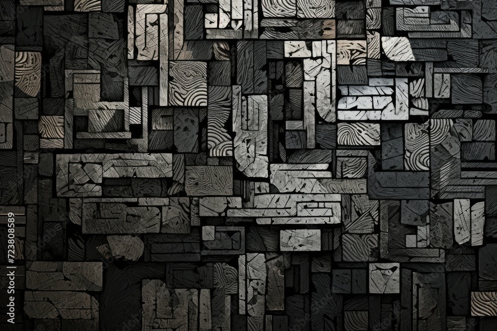Poster A black and white photo featuring a bunch of wood blocks. This versatile image can be used in various projects