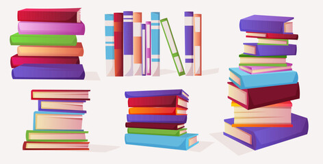 Set of stack library books front, side view. School literary collection education books. University literature bookstore. Bookshelf of encyclopedia isolated on white background. Vector illustration