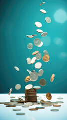 Coins falling on table with blue background. Business and financial success concept .