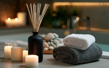 Spa composition with reed diffuser, towels and candles on table