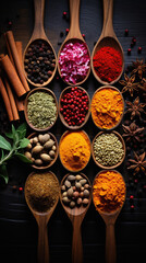 Spices and herbs in wooden spoons. Food and cuisine ingredients .