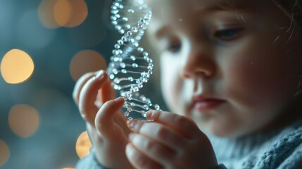 Toddler intently examining a DNA helix model, with a warm bokeh background in Designer Babies concept