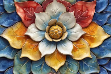 A ceramic flower wall decoration with a central flower surrounded by colorful petals.