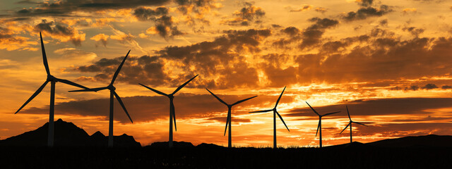 Silhouette of wind turbines. Sky with clouds during sunset. Renewable and sustainable energy, climate change, technology. 3D illustration - obrazy, fototapety, plakaty