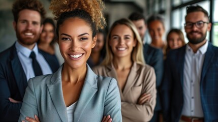 Confident businesswoman leading a diverse team of professionals.