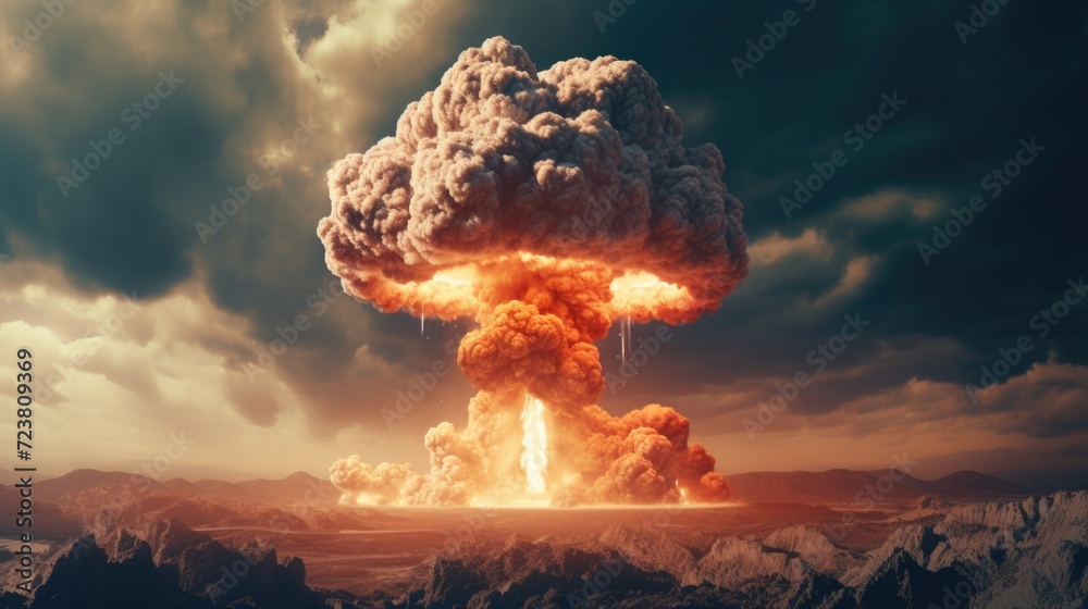 Poster a powerful and ominous mushroom cloud fills the sky, depicting a catastrophic event. this image can 