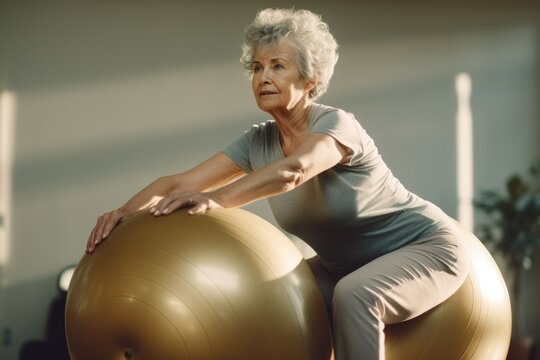 A woman sitting on top of an exercise ball. This versatile image can be used to promote fitness, balance, and wellness