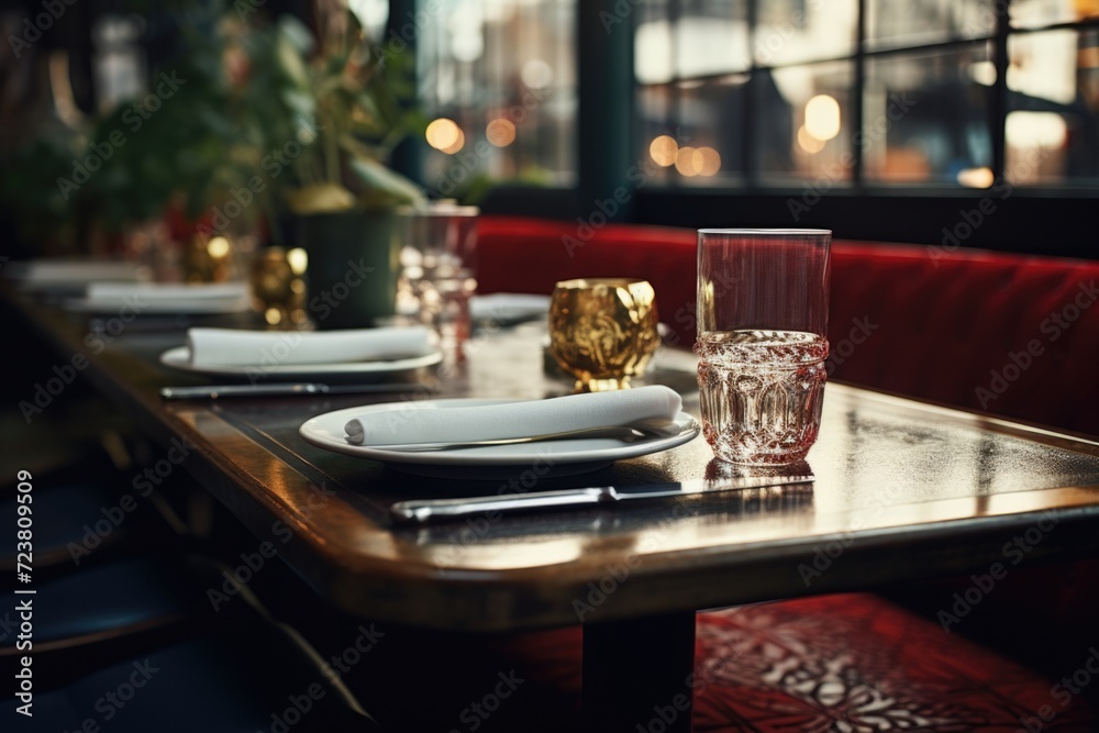 Poster a table set with place settings and glasses. perfect for showcasing a beautifully arranged dining ar