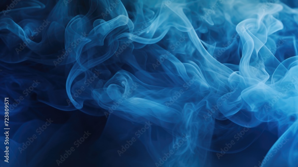 Poster close-up view of blue smoke against a black background. perfect for adding a mysterious and ethereal