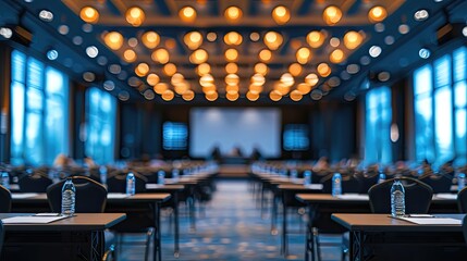 Empty conference hall with blue chairs and warm lighting before an event.