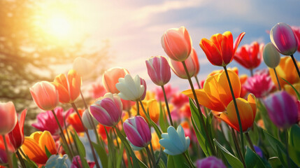 Colorful tulip flower field in spring time. Colorful tulips blooming in the garden .