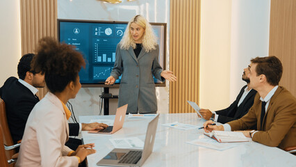 Presentation in office or ornament meeting room with analyst team utilize BI Fintech to analyze...