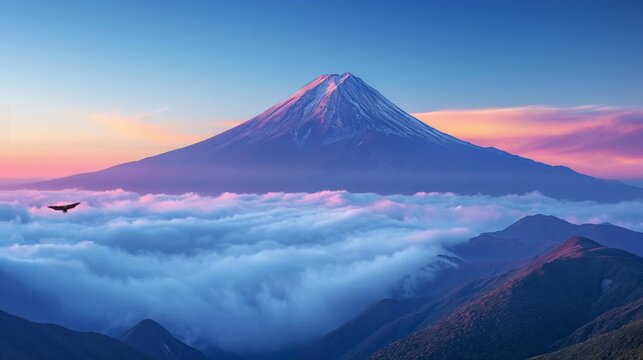 The mountain in Winter, looks very beautiful and a vast expanse of clouds stretches, there is an eagle seen, Seamless looping time-lapse animation video background&nbsp; Generated AI 