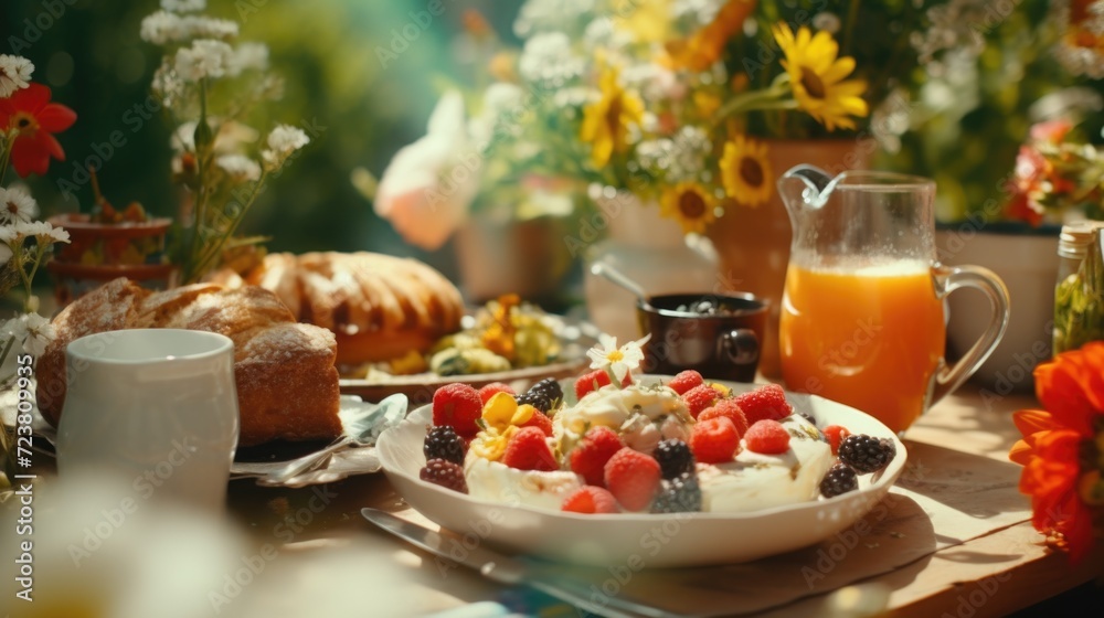 Poster a table with a bowl of fresh fruit and a pitcher of refreshing orange juice. ideal for healthy lifes