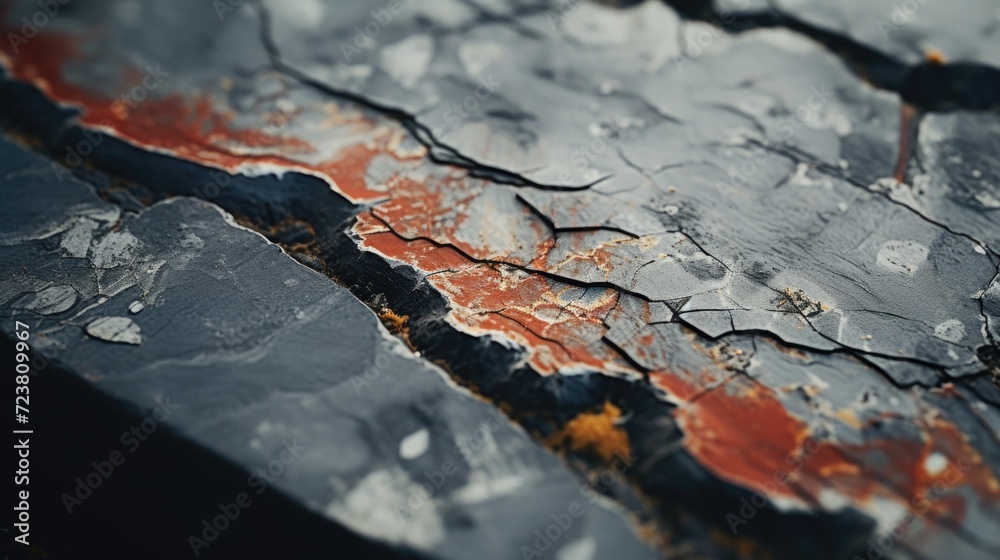 Poster A detailed close up of a piece of paint on a weathered piece of wood. This image can be used for various design projects or as a background texture