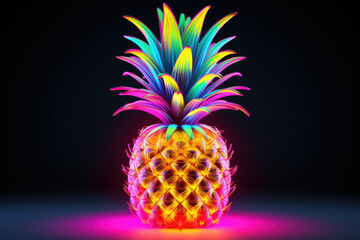 Neon colors pineapple, dark isolated background