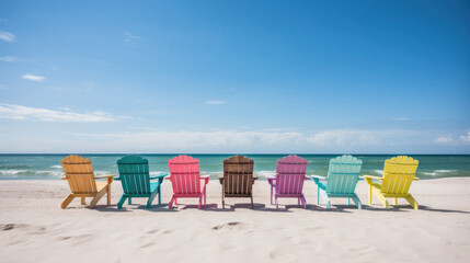 Colorful chairs on the beach at the day time. Vacation concept .