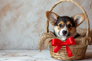 Cute Corgi puppy with red bow in basket, rustic brick wall on background